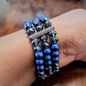 Blue Beaded Triple Strand Stretch Bracelet
